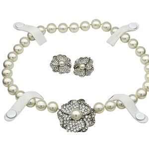 Kenneth Jay Lane KJL Vintage Faux Pearl Rhinestone Necklace and Earrings Set